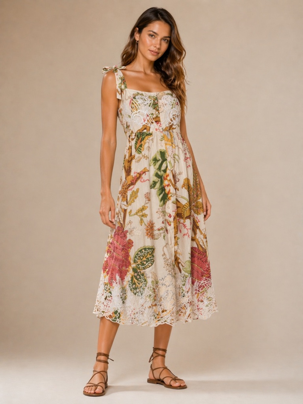 Juliet Dunn London Embroidered Cotton Midi Dress Ivory Botanical Print Tie Strap